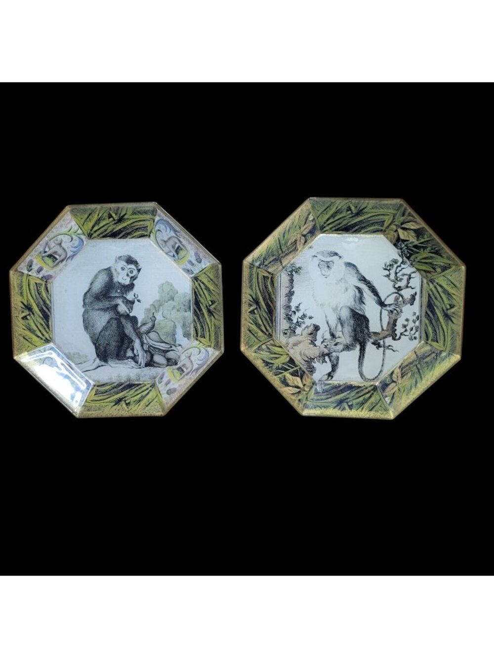 Set of 2 Decorative Glass Decoupage Monkey Plates Octagonal 9" Signed